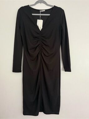 Zara Black Ruched Midi Dress Size S Long Sleeve V Neck Bodycon NWT Stretch